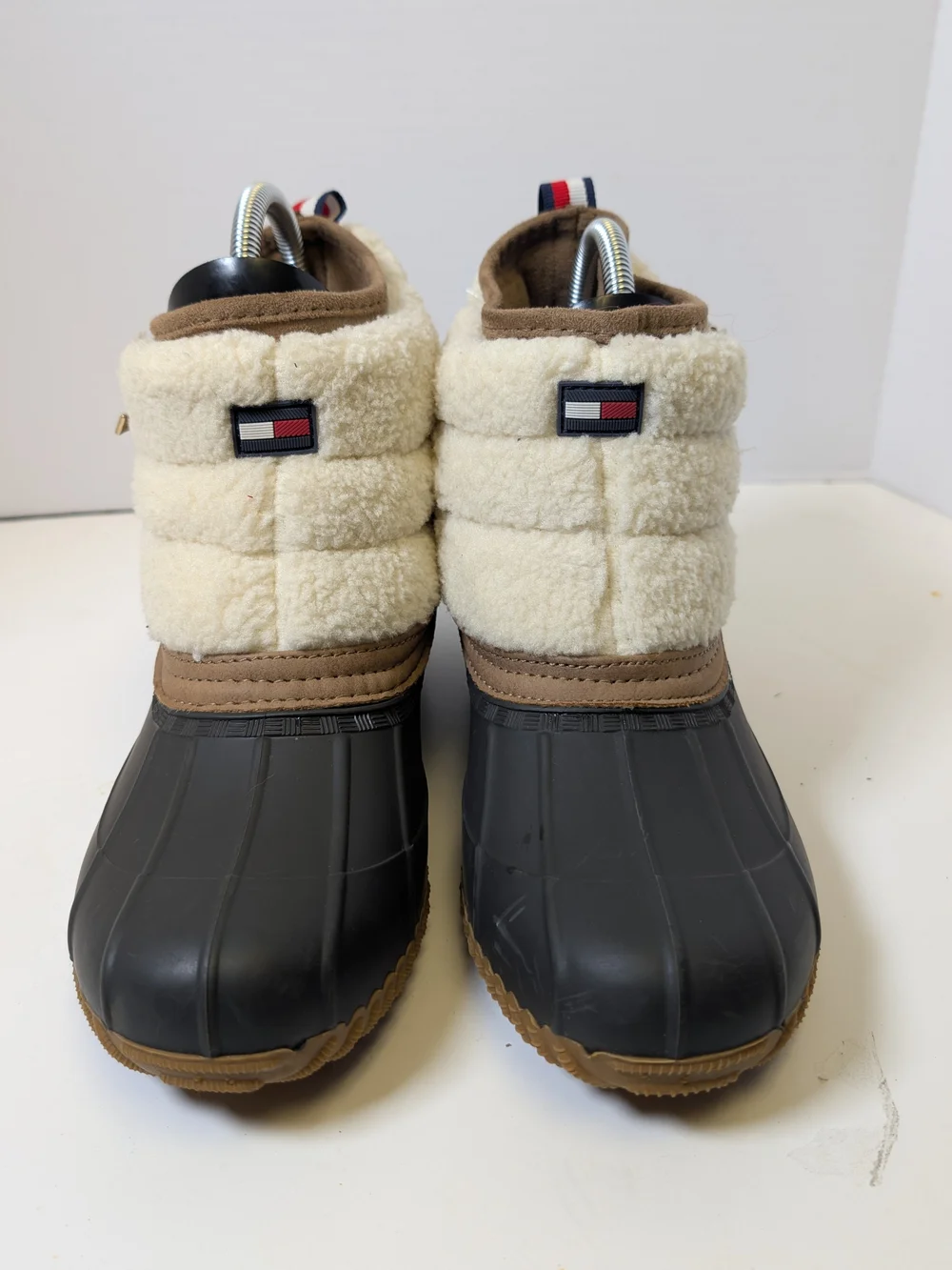 Tommy Hilfiger Black Rubber & Cream Sherpa Winter Boots with Brown Trim